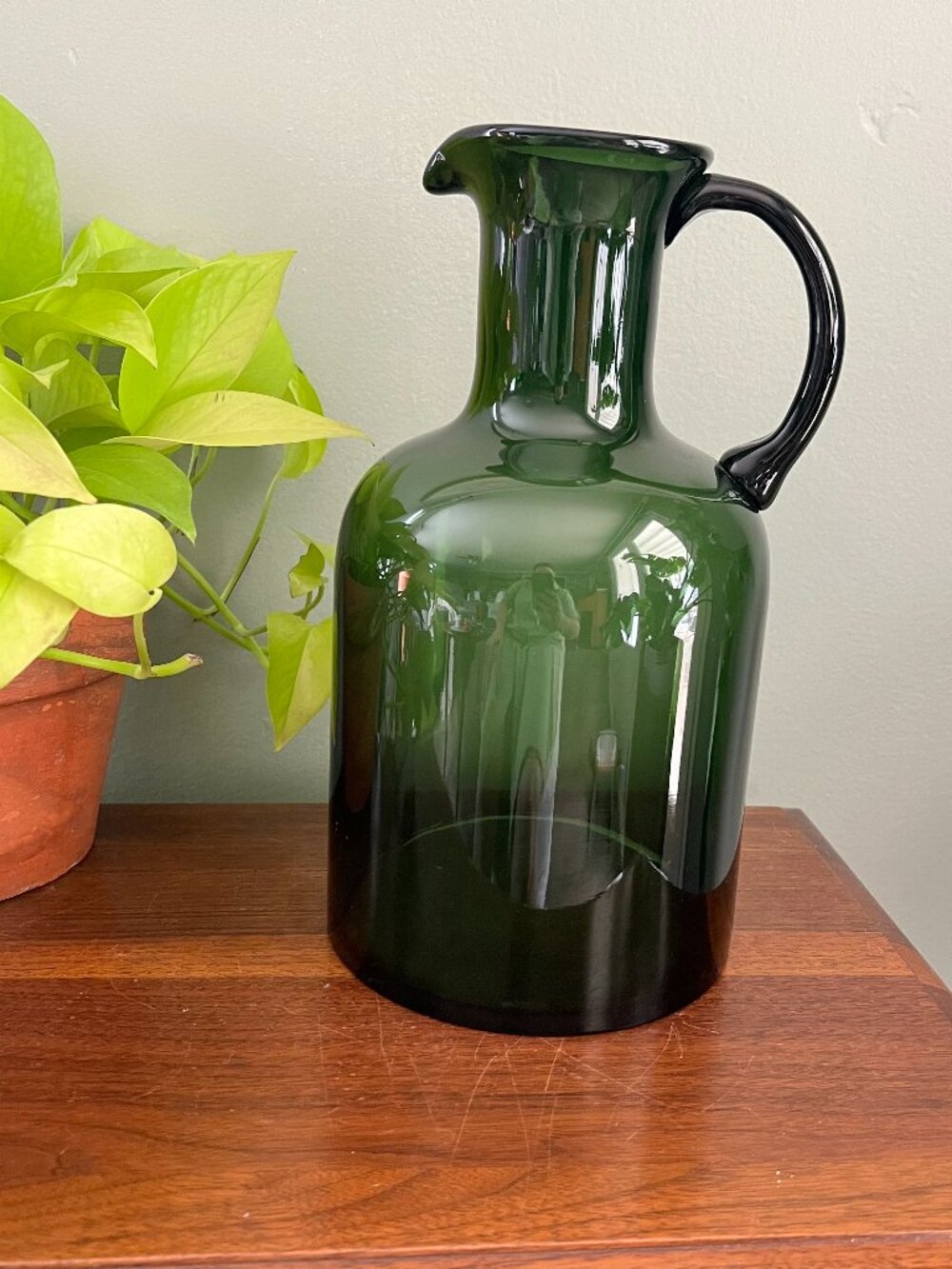 Emerald‎ Green Glass Pitcher Vase Hand Blown Style Ewer Cottage Kitchen Decor